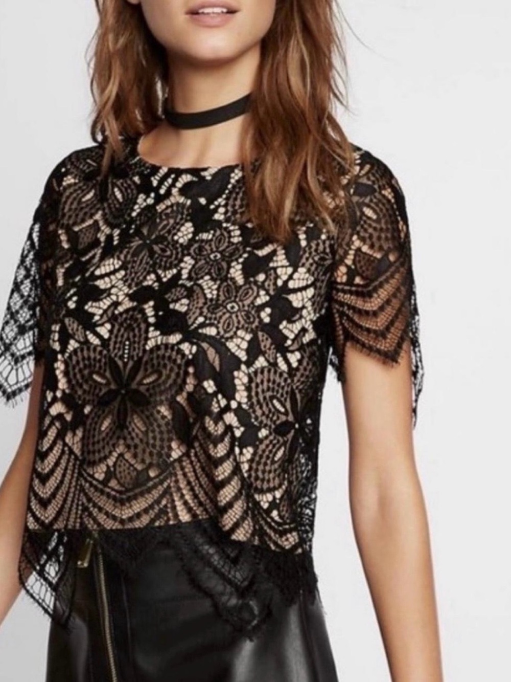 Express Black Floral Lace Short Sleeve Overlay Top Medium